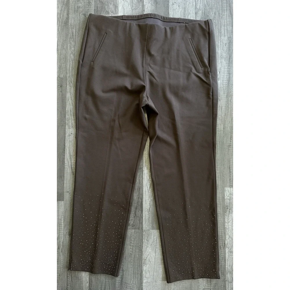 Chico's Brigitte Pants 3.5R US 18R Brown Pull On Wide Leg Rhinestone Hem Plus - Picture 2 of 16